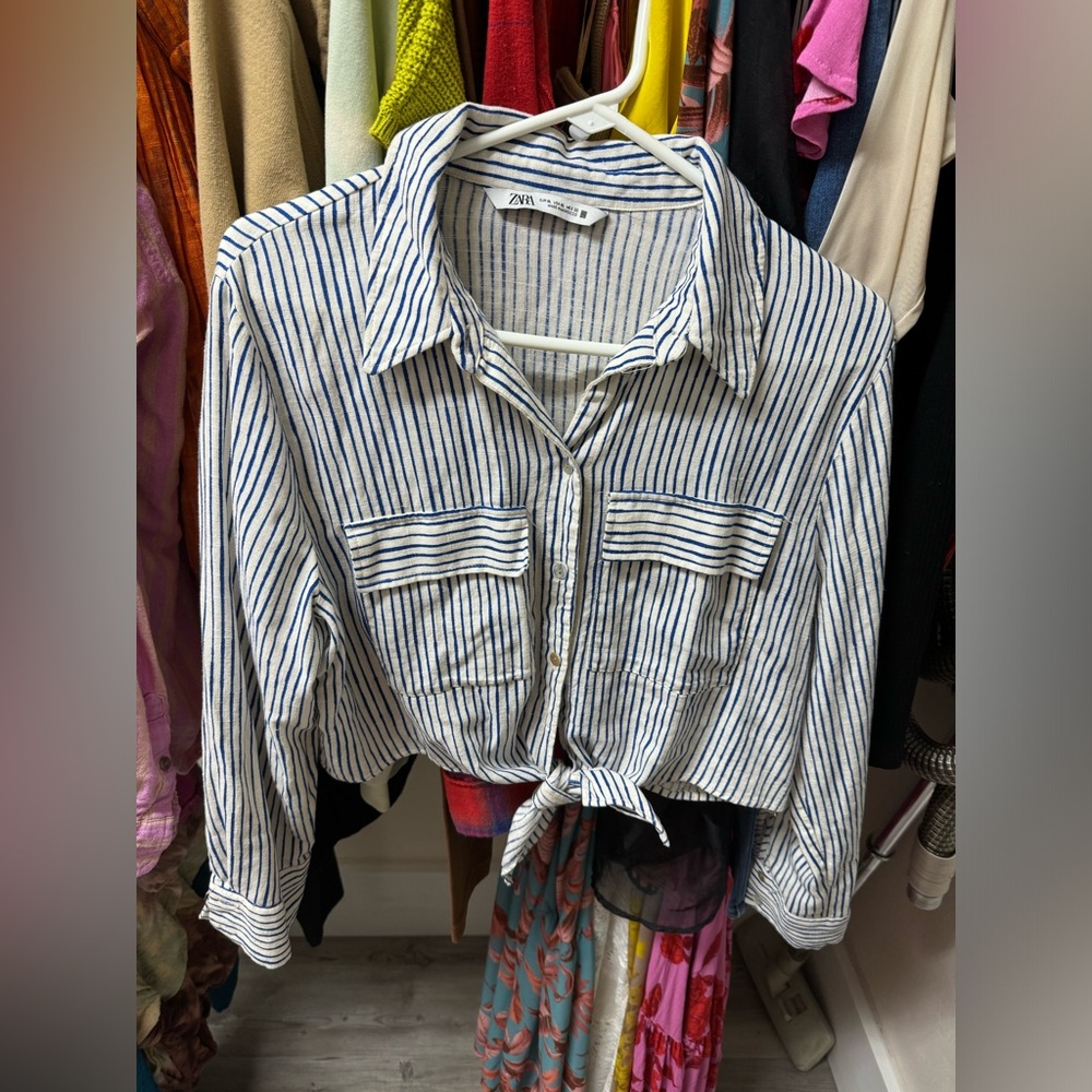Zara Blue & White striped crop tie top